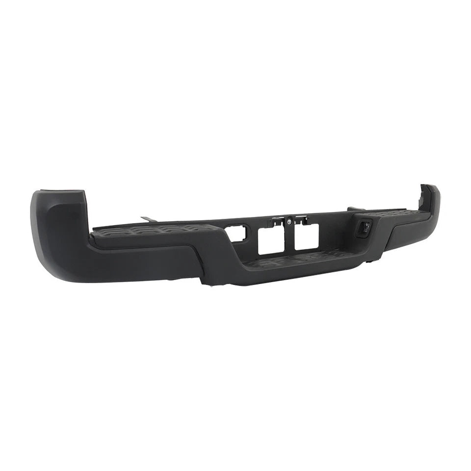 Side angle view of Toyota Tacoma rear step bumper without parking sensors