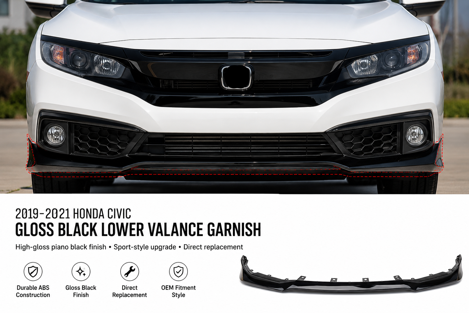 2019–2021 Honda Civic Gloss Black Lower Valance Garnish 