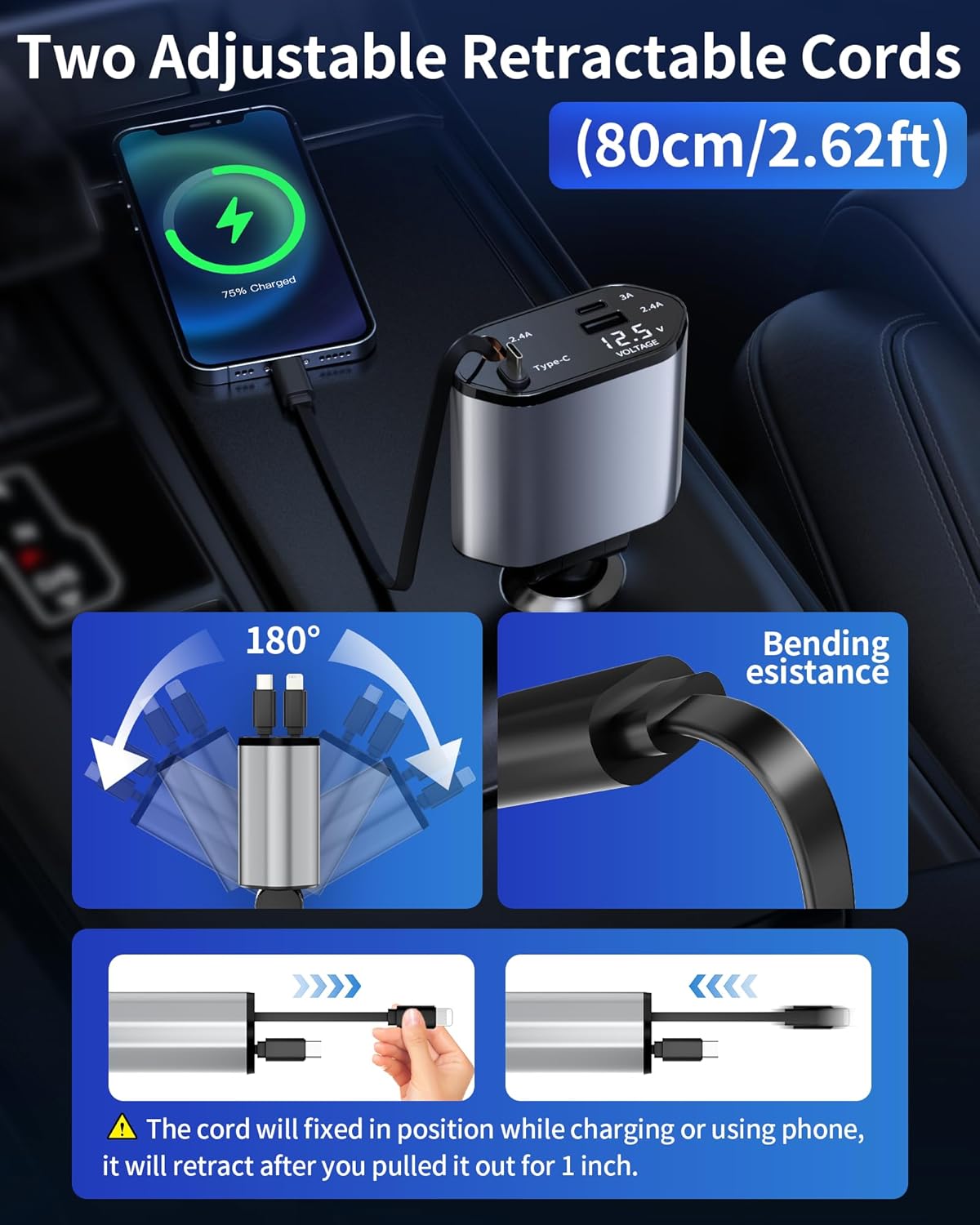 4-in-1 retractable car charger with USB-C Lightning USB-A and USB-C charging ports