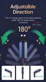 VELNOX 4-in-1 Retractable Car Charger with 180-degree adjustable charging head for flexible device connection