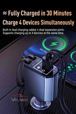 VELNOX 4-in-1 Retractable Car Charger with 30-minute fast charging and simultaneous charging for up to 4 devices