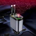 4-in-1 retractable fast car charger with USB-C and Lightning charging cables