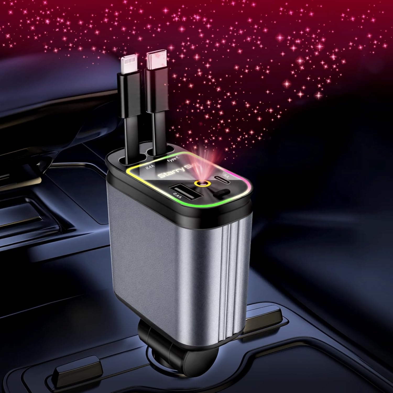 4-in-1 retractable fast car charger with USB-C and Lightning charging cables
