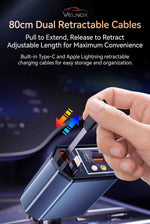 VELNOX 4-in-1 retractable car charger with dual 80cm retractable USB-C and Lightning cables