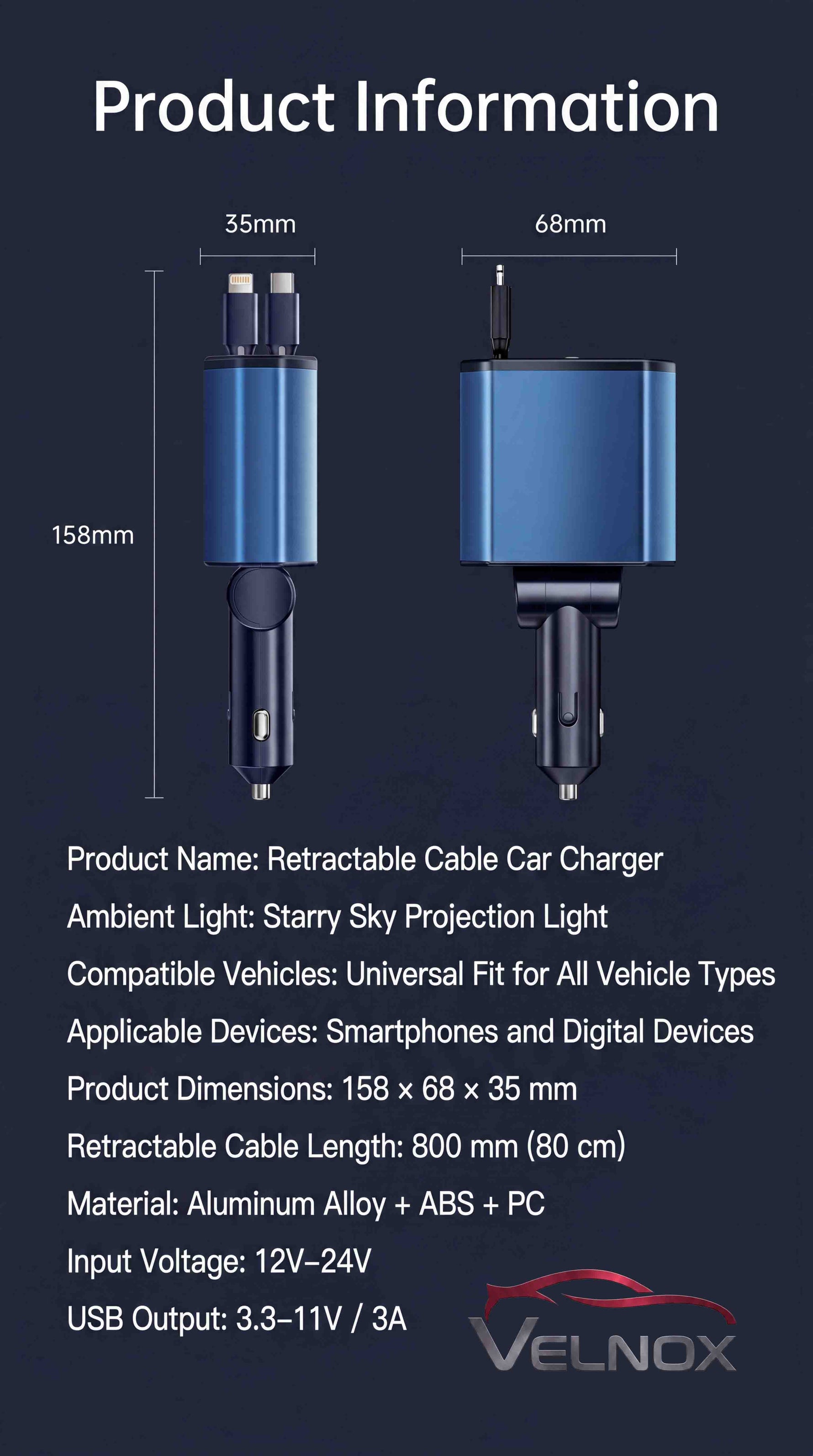 VELNOX 4-in-1 Retractable Car Charger product specifications with dimensions, materials, and compatibility information