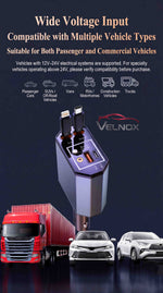 VELNOX 4-in-1 Retractable Car Charger with 12V-24V wide voltage input for passenger and commercial vehicles