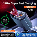 VELNOX 4-in-1 retractable car charger with voltage display and dual retractable cables