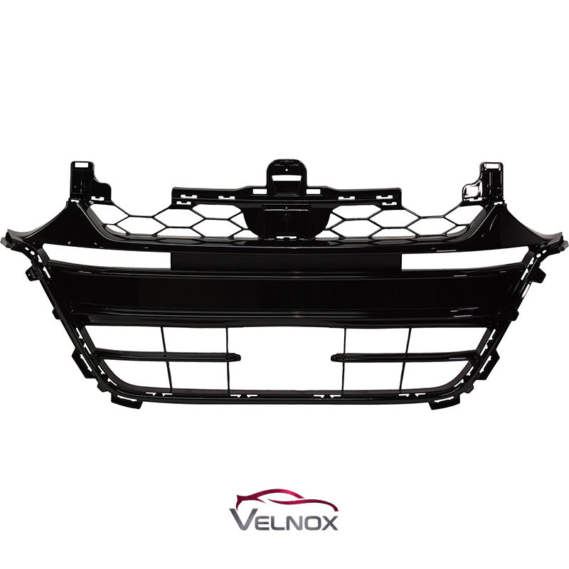 Front view of the HO1200225 gloss black grille with radar opening for 2018-2020 Honda Accord Touring