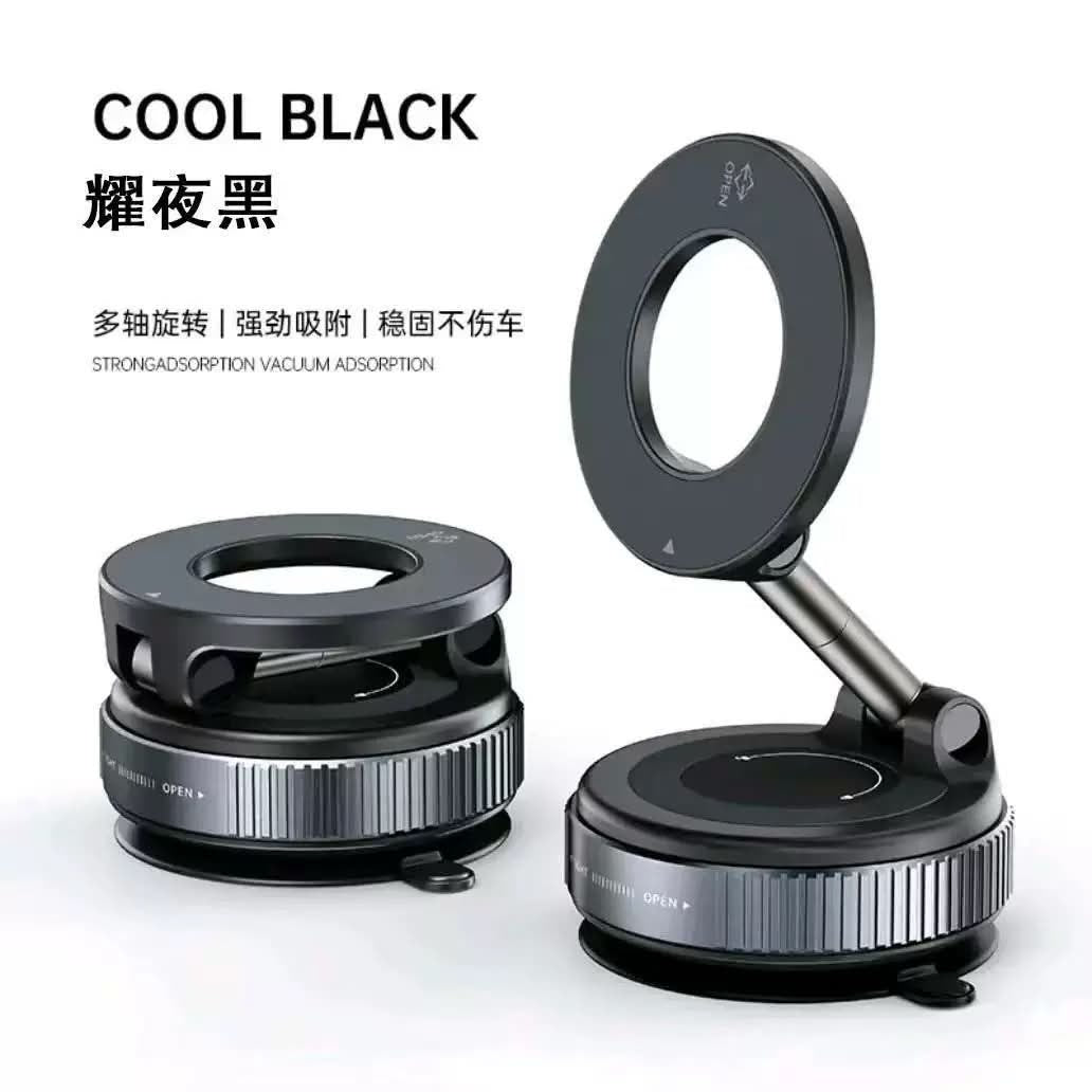 Cool Black foldable magnetic vacuum suction phone mount with compact folding design  