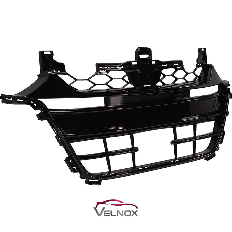 Left angled view of the HO1200224 gloss black front center grille for 2018-2020 Honda Accord