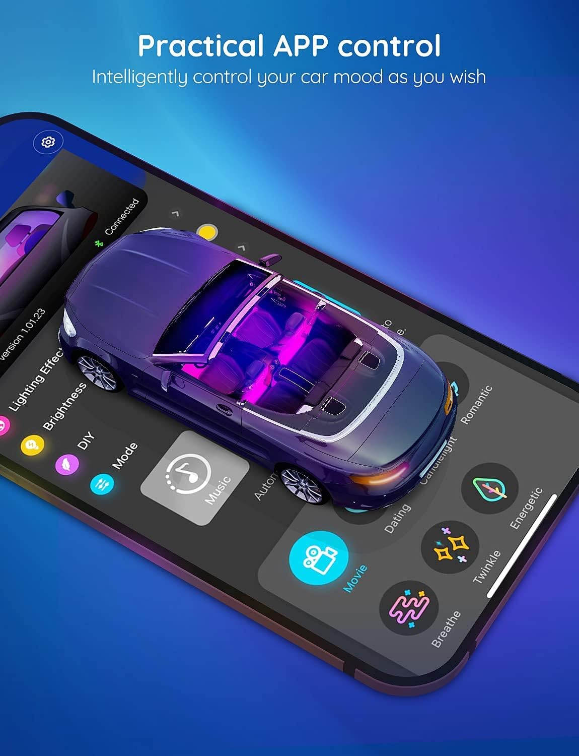 LED interior lights with APP control and music sync for vehicle ambient lighting