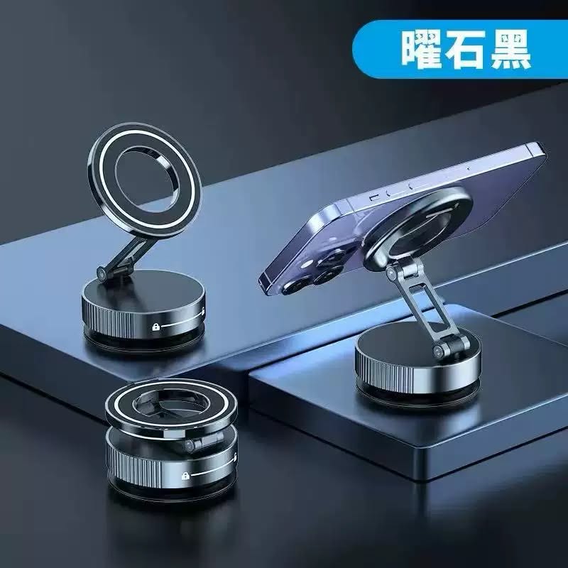 Magnetic vacuum suction phone mount holding smartphone for hands-free viewing 