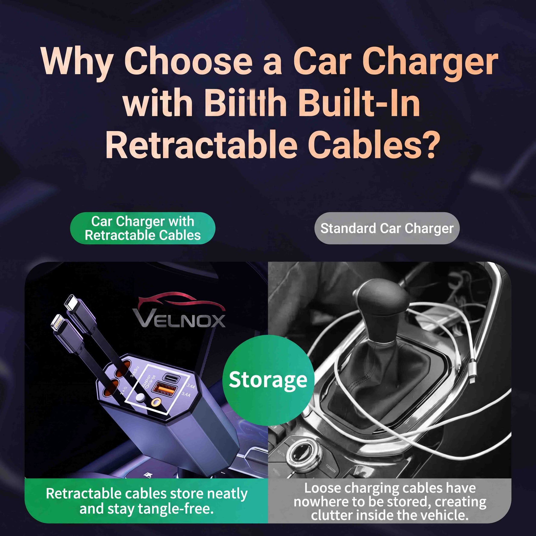 VELNOX Car charger with retractable cables