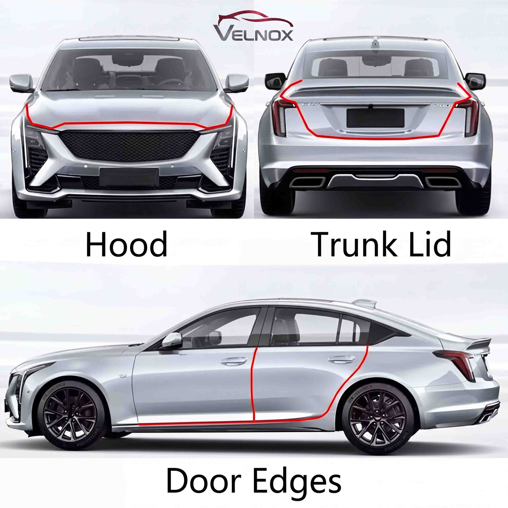 Velnox car door edge guard for doors, hood, and trunk lid
