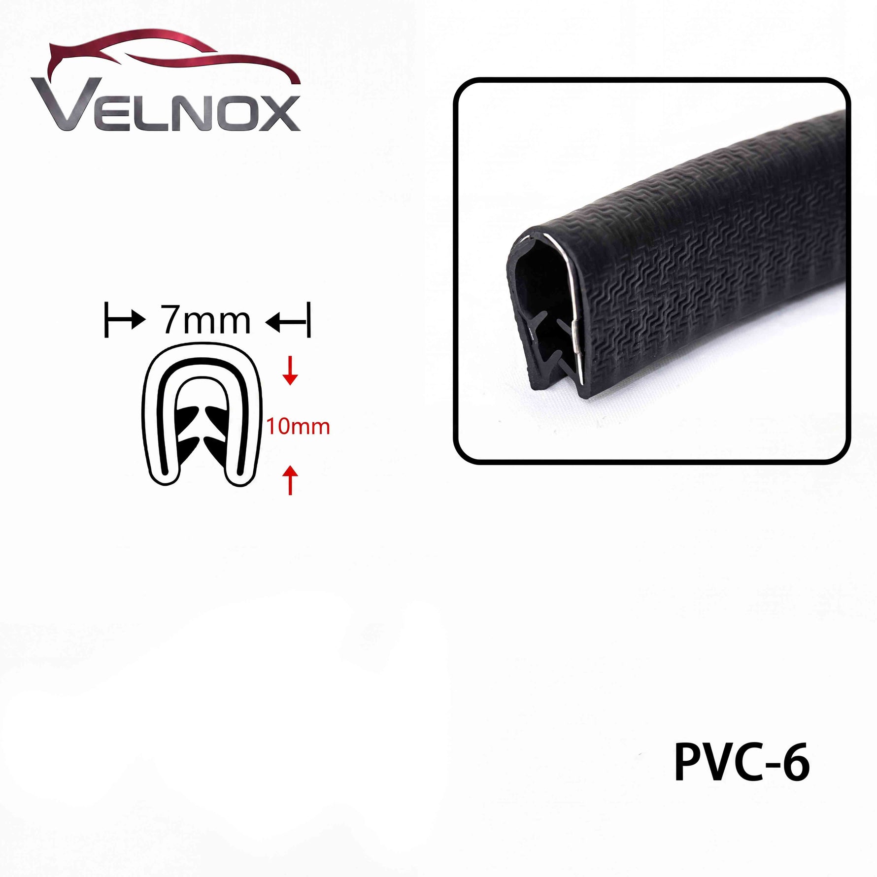 Velnox car door edge guard showing U-channel dimensions and reinforced clip design