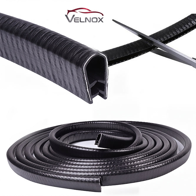 Velnox car door edge guard with flexible U-channel design and cut-to-fit installation