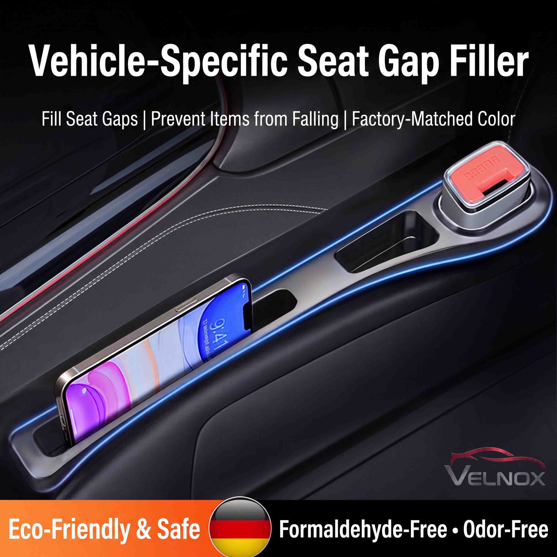 VELNOX factory-fit car seat gap filler with dual storage