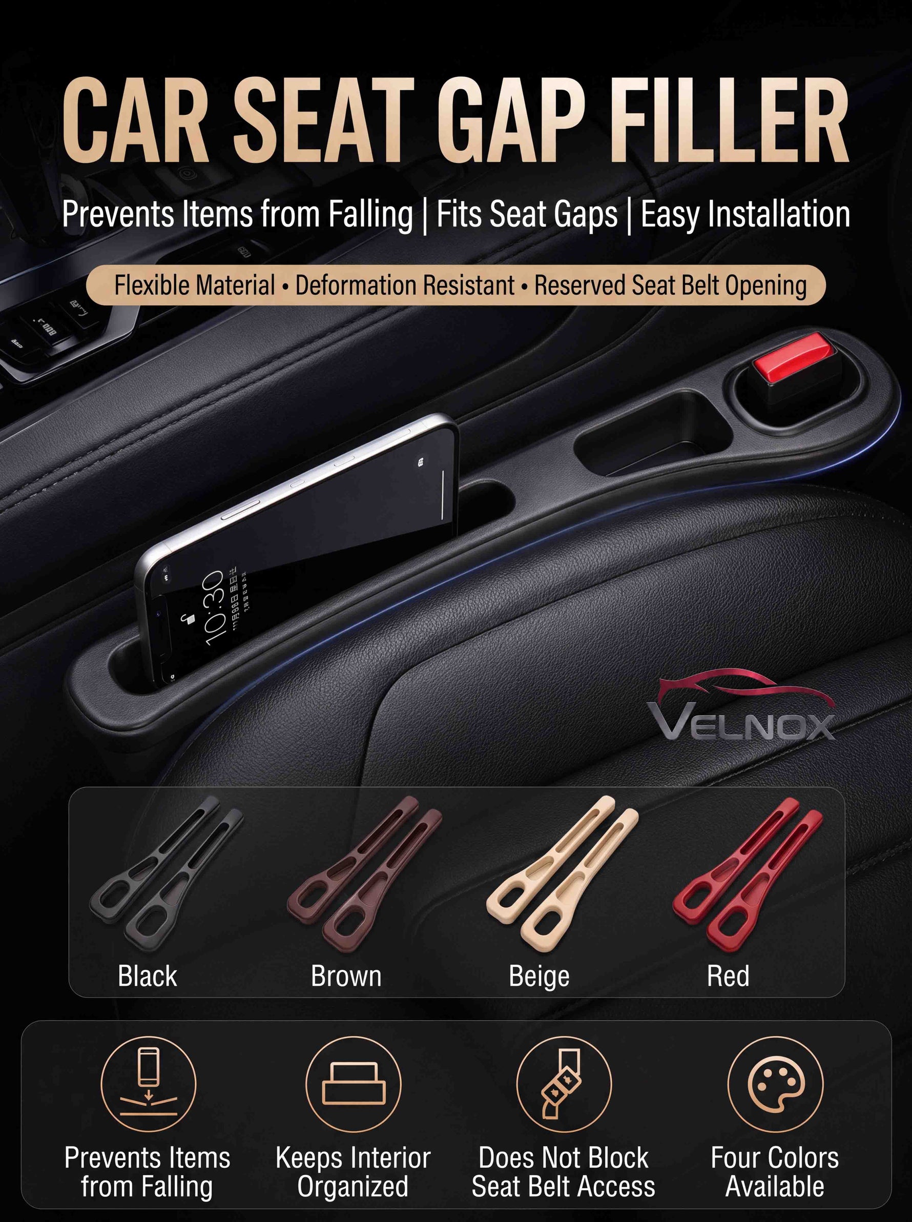 VELNOX car seat gap filler prevents items from falling