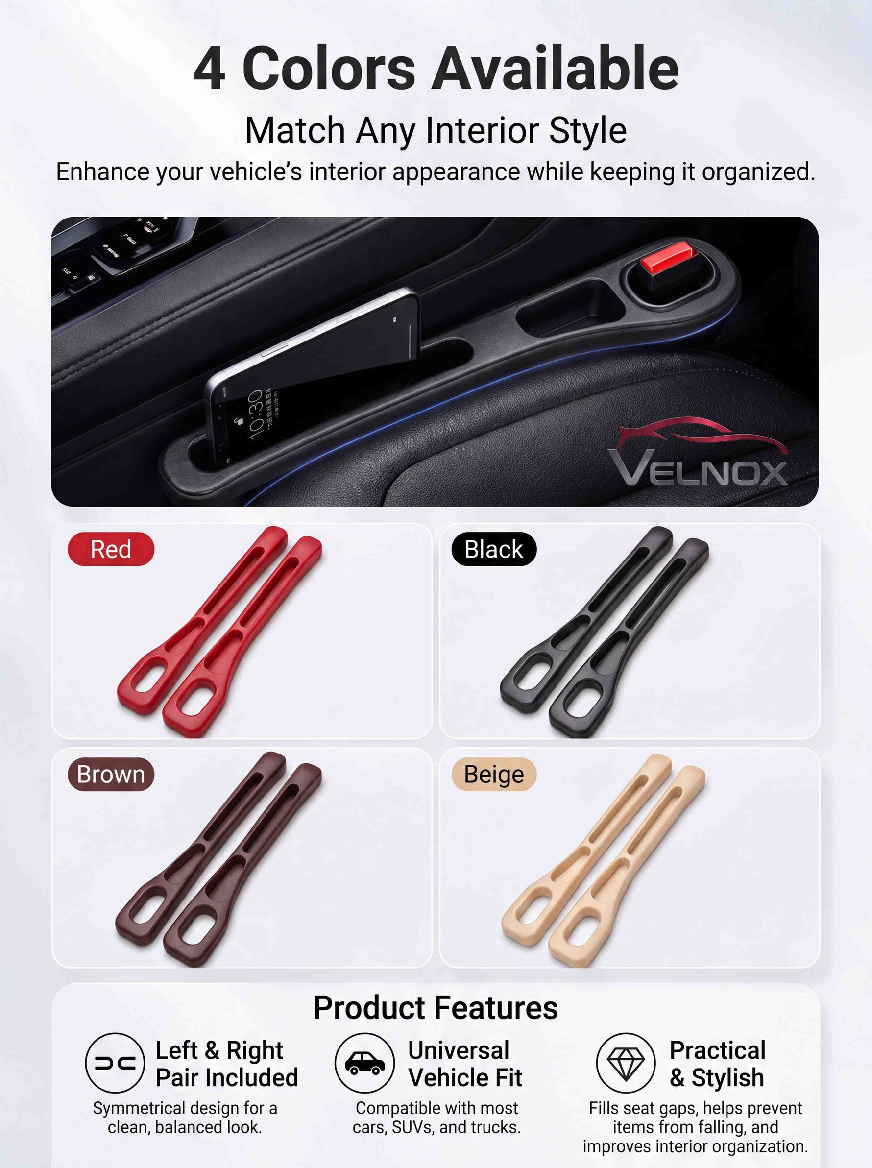 VELNOX car seat gap filler available in four interior colors