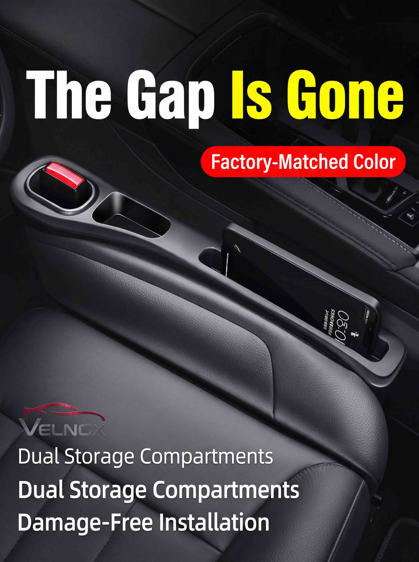 VELNOX car seat gap filler with quick tool-free installation