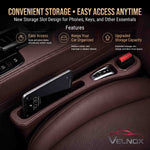 VELNOX car seat gap filler with dual storage compartments for phones and keys.