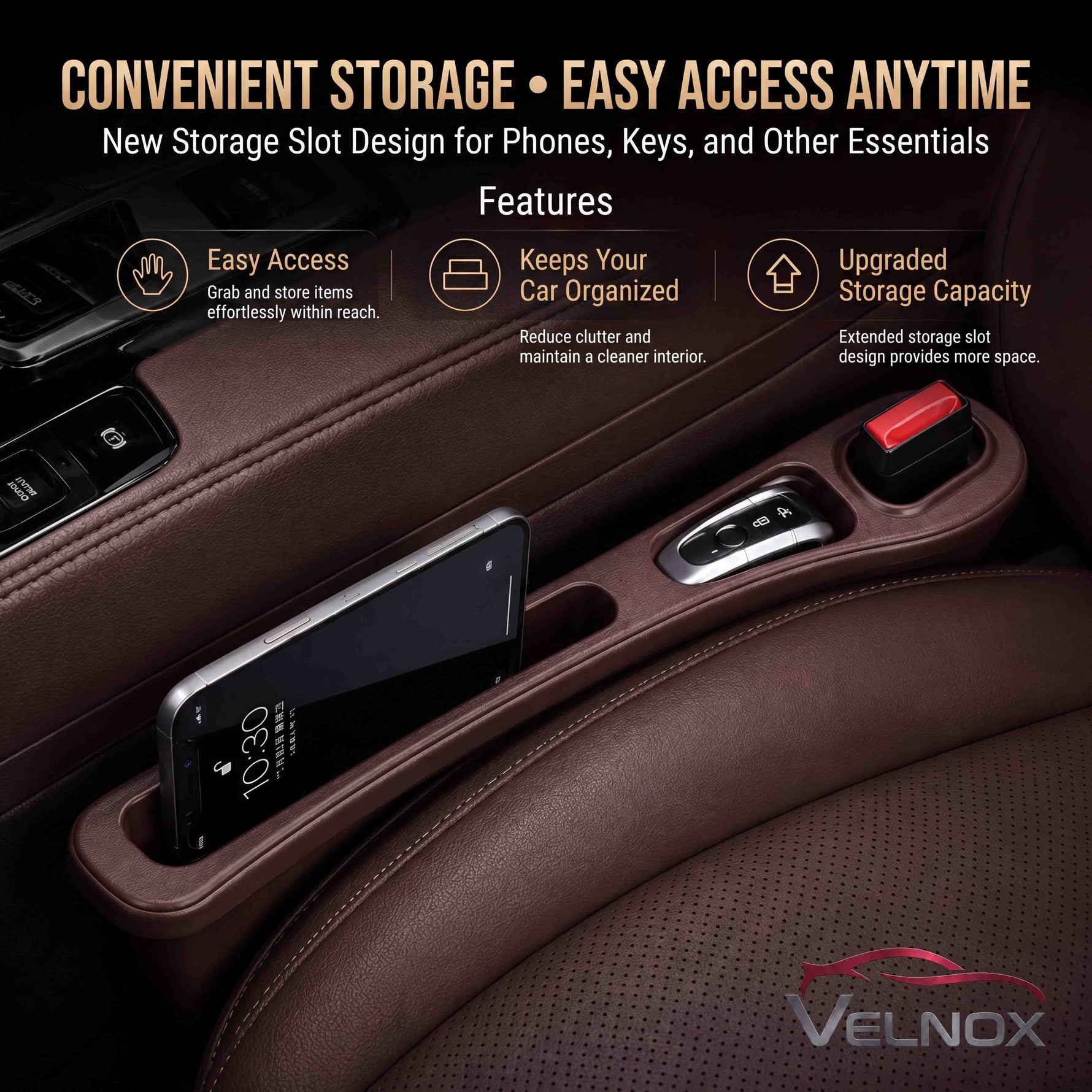 VELNOX car seat gap filler with dual storage compartments for phones and keys.