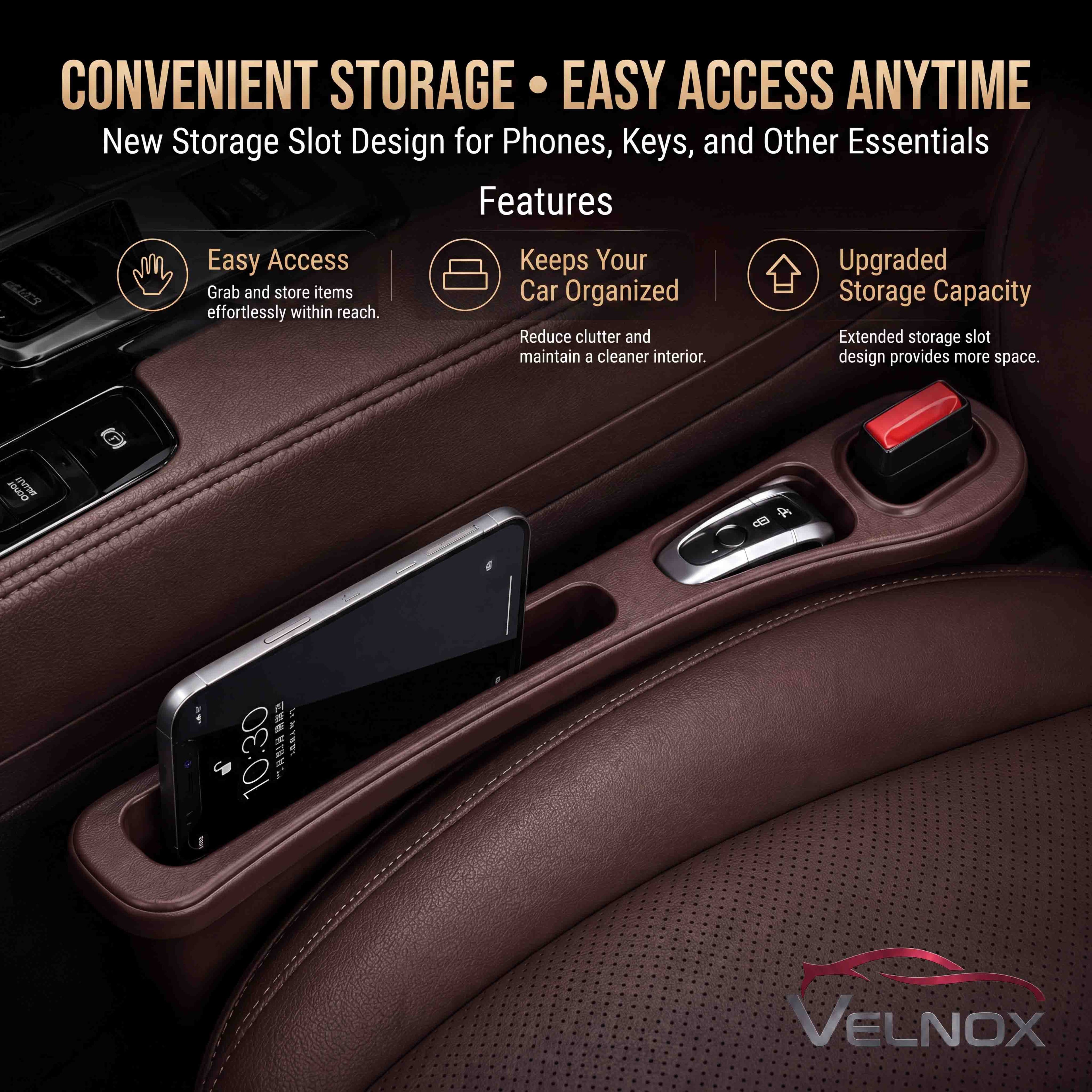 VELNOX car seat gap filler with dual storage compartments for phones and keys.