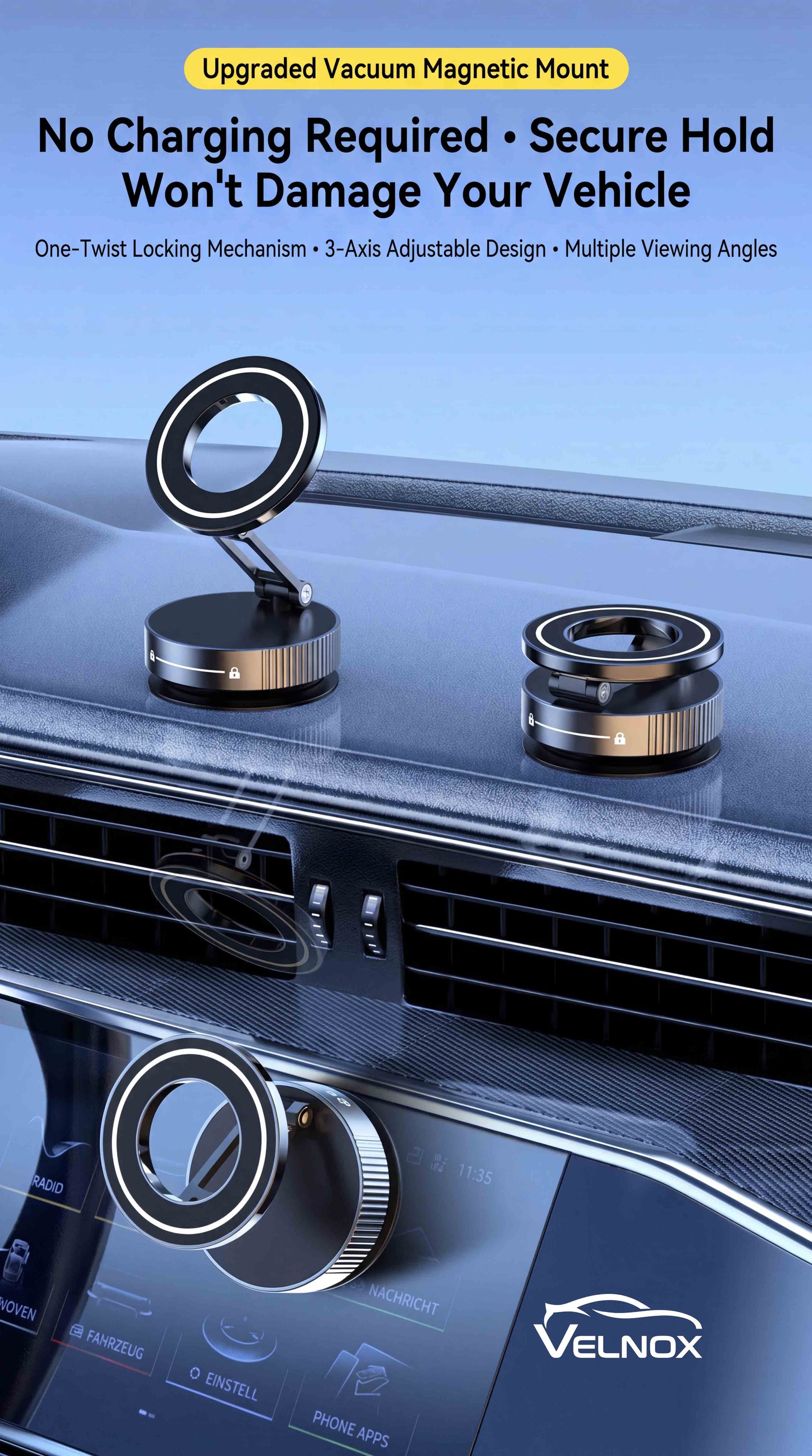Velnox magnetic vacuum phone mount with a twist-lock suction base