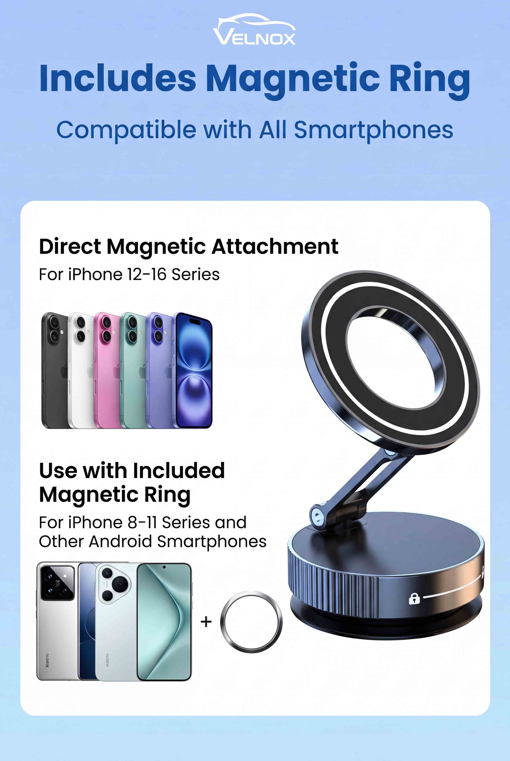 Velnox magnetic vacuum phone mount for MagSafe and Android phones