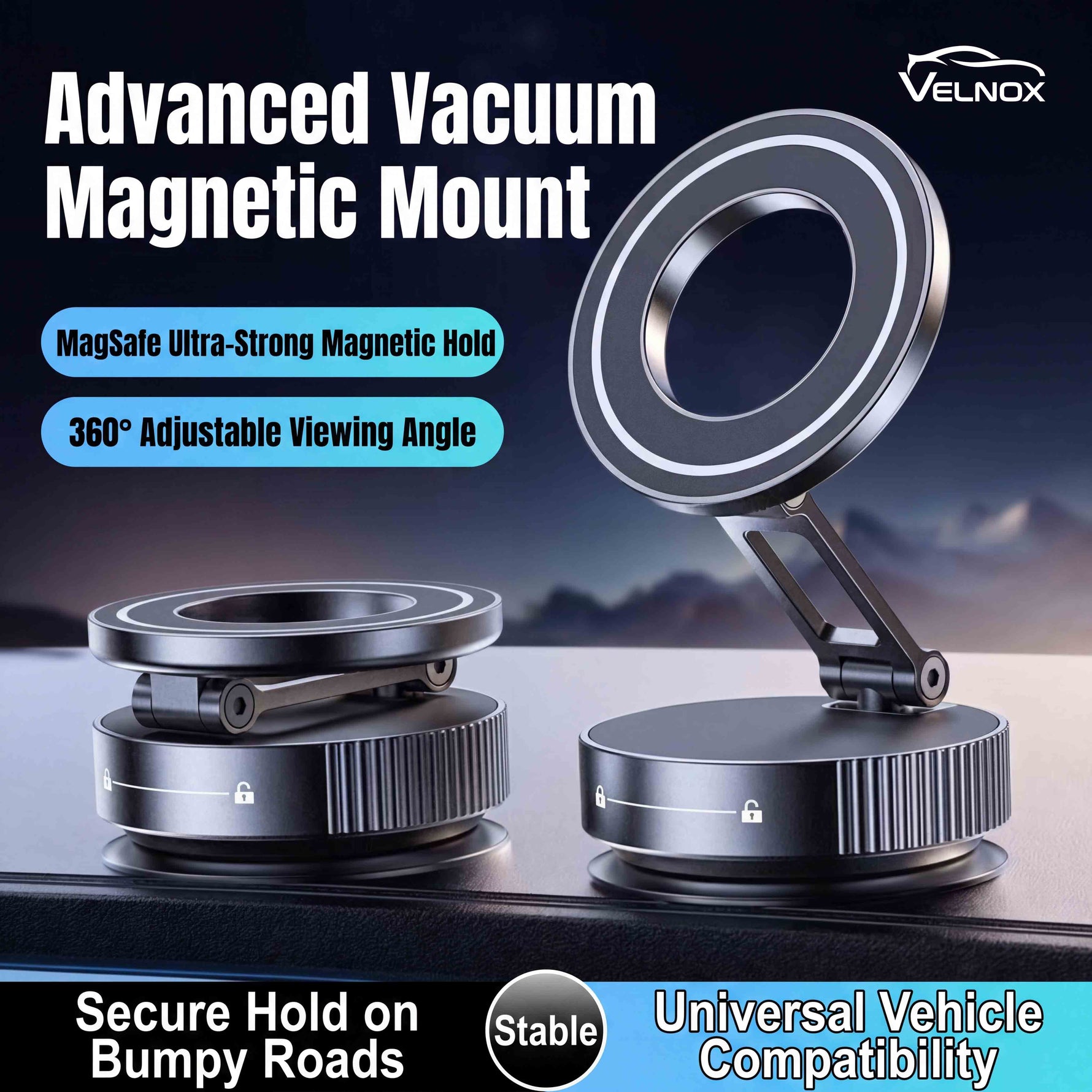 Velnox MagSafe vacuum phone mount with magnetic hold and adjustable viewing angles