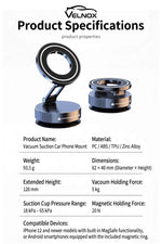 Velnox MagSafe vacuum phone mount product specifications