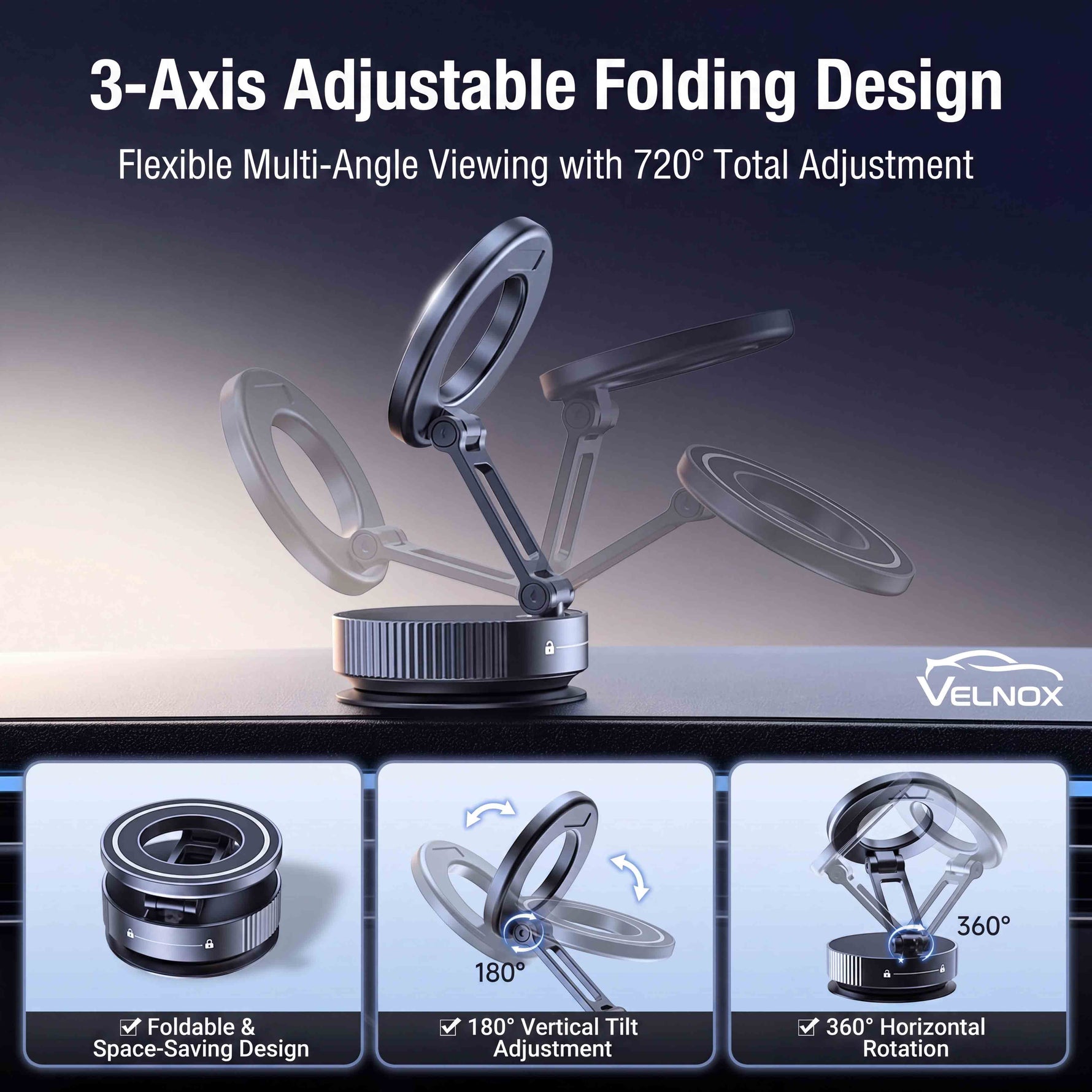 Velnox foldable MagSafe car phone mount with 720-degree adjustment