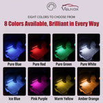 Velnox RGB LED car interior lights showing eight color options including blue, red, green, white, ice blue, pink purple, warm yellow, and amber orange