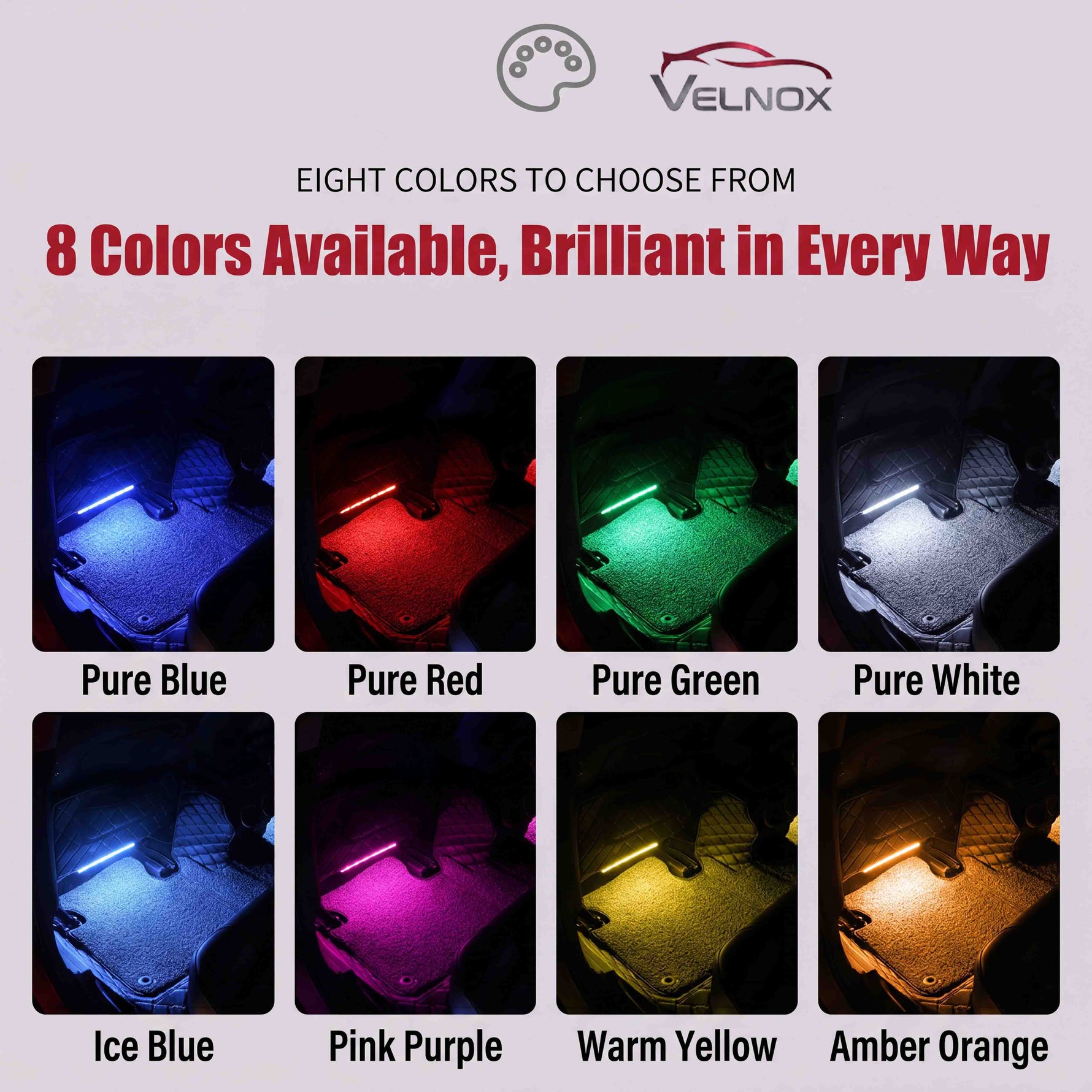 Velnox RGB LED car interior lights showing eight color options including blue, red, green, white, ice blue, pink purple, warm yellow, and amber orange