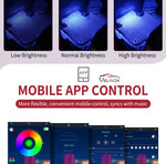 Velnox RGB LED car interior lights showing low, normal, and high brightness settings with mobile app control and music sync features
