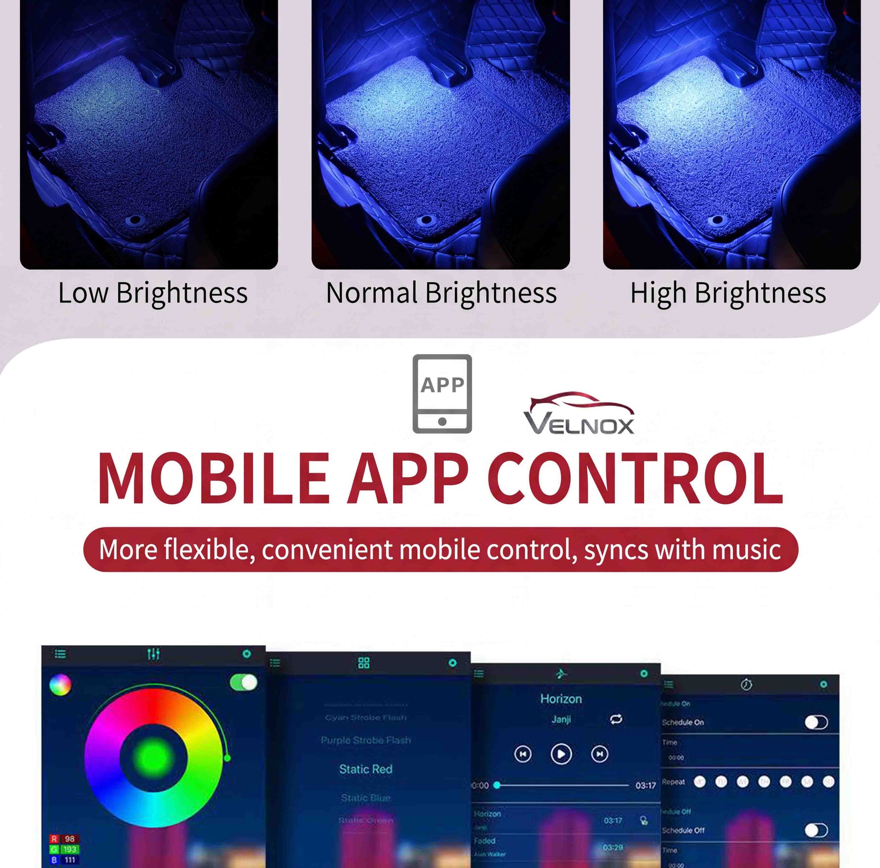 Velnox RGB LED car interior lights showing low, normal, and high brightness settings with mobile app control and music sync features
