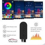 Velnox RGB LED car interior lights app interface and inline controller with static, dynamic, music sync, and scheduling modes
