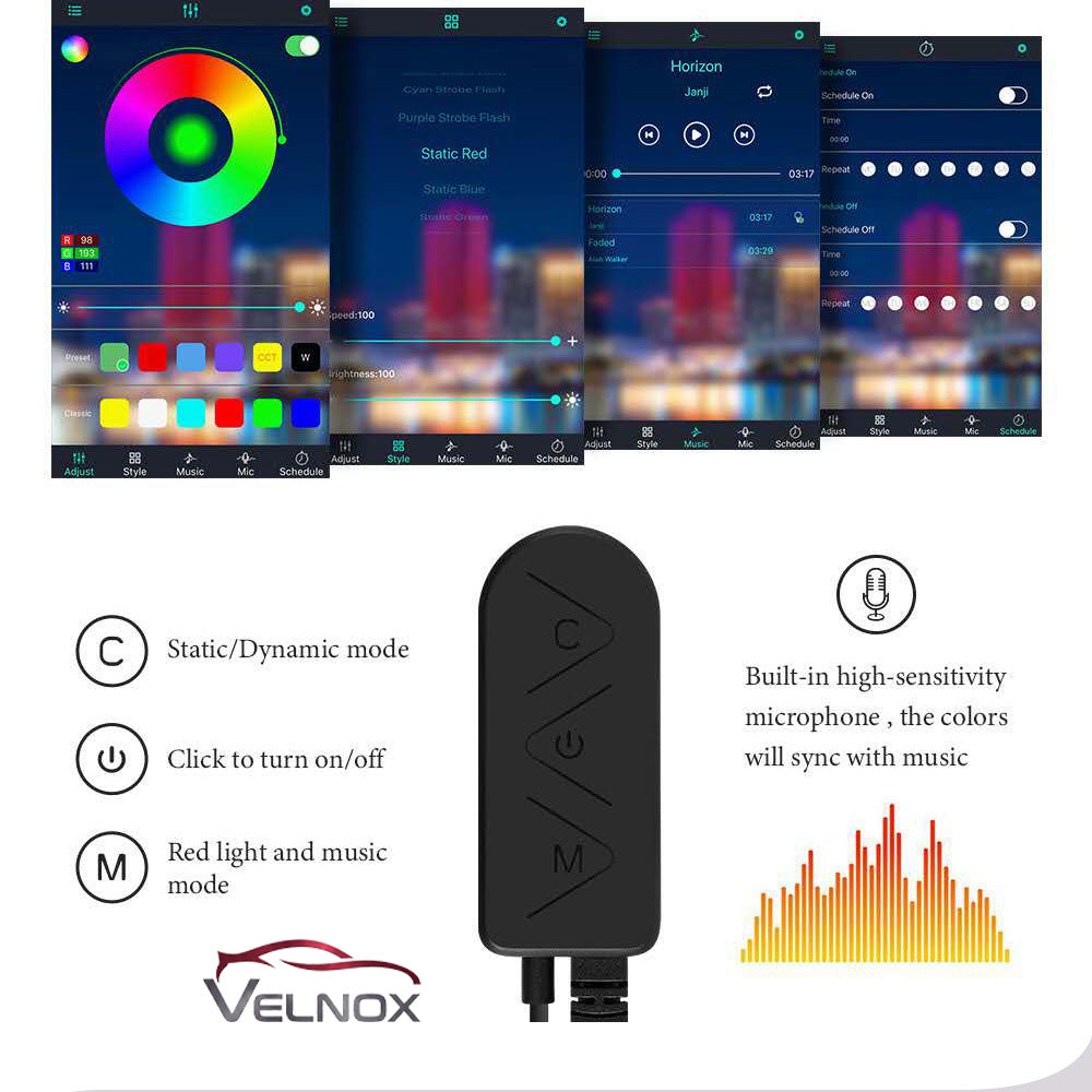 Velnox RGB LED car interior lights app interface and inline controller with static, dynamic, music sync, and scheduling modes