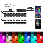 Velnox RGB LED car interior lights with four light bars, mobile app control, remote control, and multiple color options