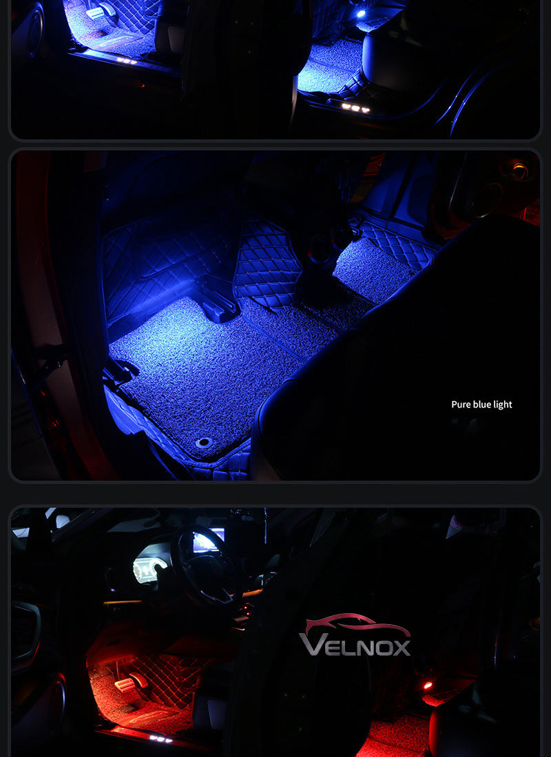 Velnox RGB LED car interior lights illuminating front and rear footwells in blue and red ambient lighting modes