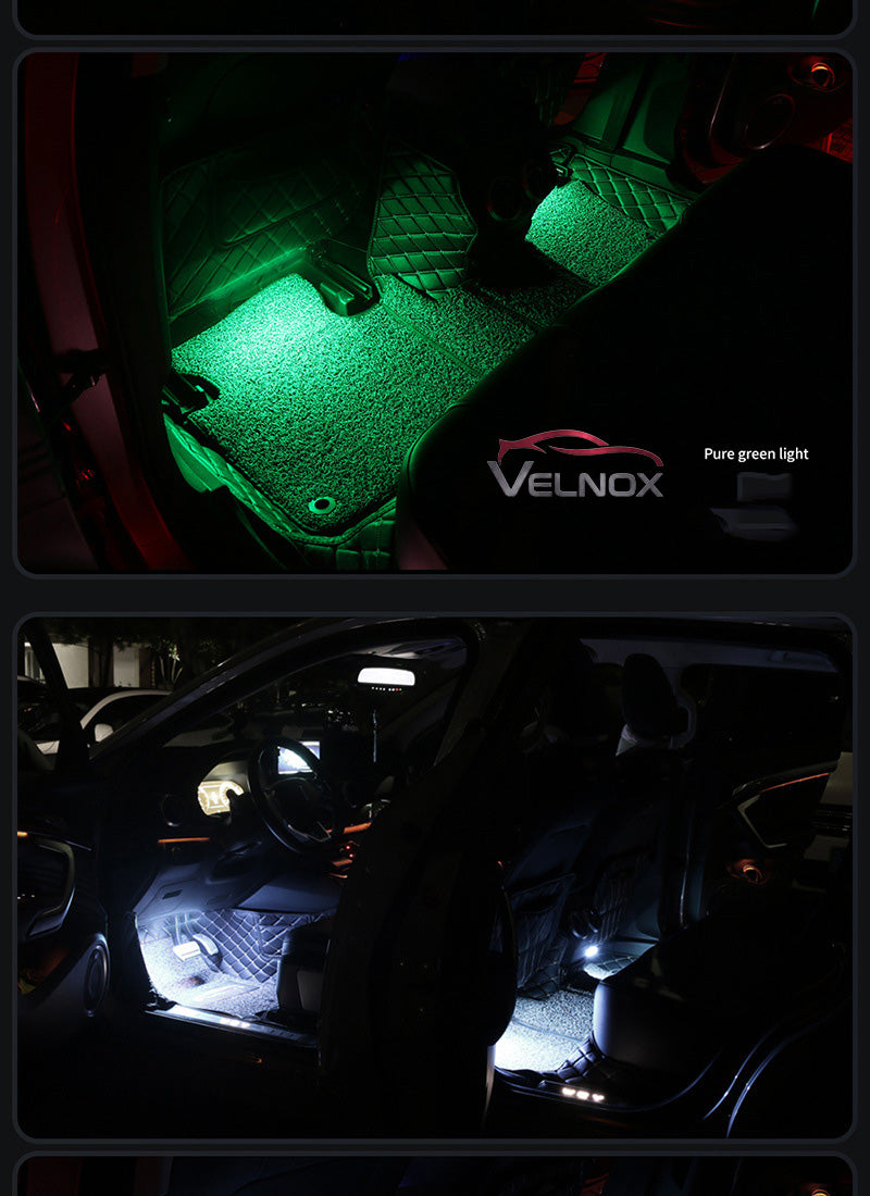 Velnox RGB LED car interior lights illuminating front and rear footwells in green and white ambient lighting modes