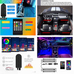Velnox RGB LED car interior lights feature overview showing installation layout, inline controller, remote control, mobile app control, music sync, and four light bars