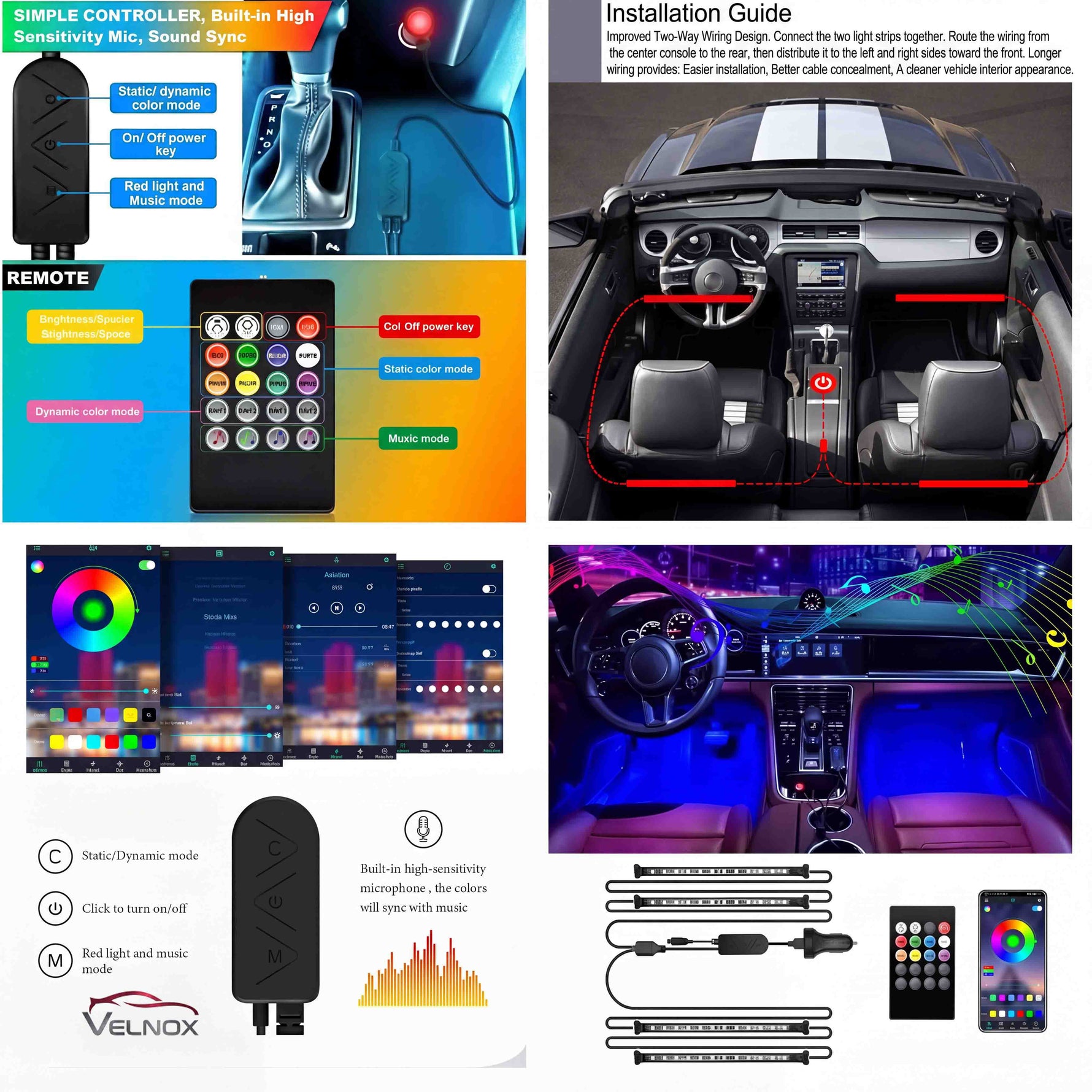 Velnox RGB LED car interior lights feature overview showing installation layout, inline controller, remote control, mobile app control, music sync, and four light bars