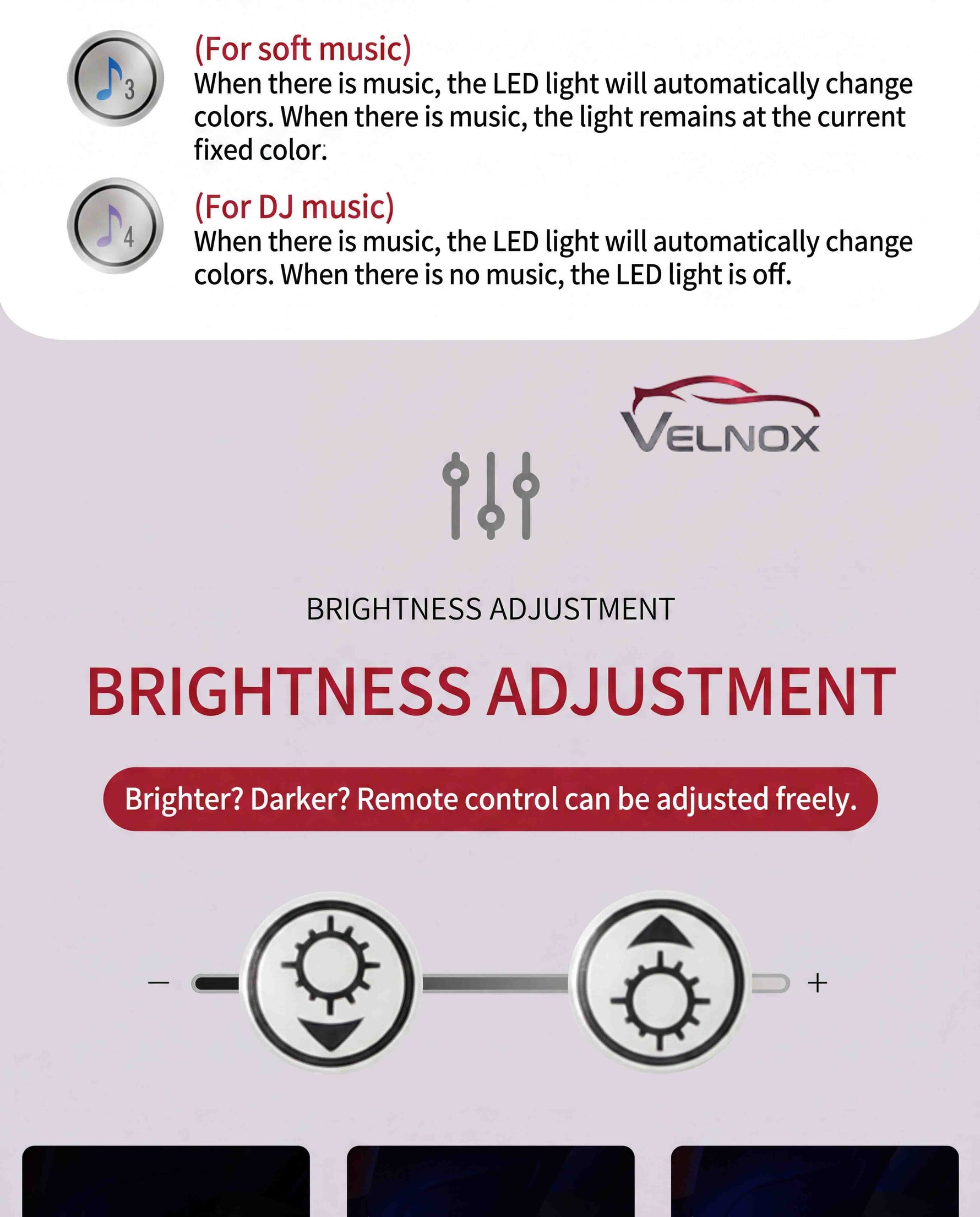Velnox RGB LED car interior lights with music sync modes and remote brightness adjustment controls