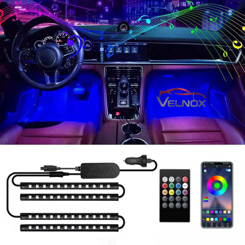 Velnox RGB LED car interior lights with music sync mode, mobile app control, remote control, and four footwell light bars