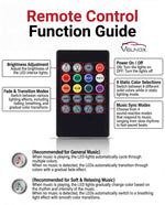Velnox RGB LED car interior lights remote control guide showing brightness adjustment, power controls, eight static colors, fade modes, and music sync modes