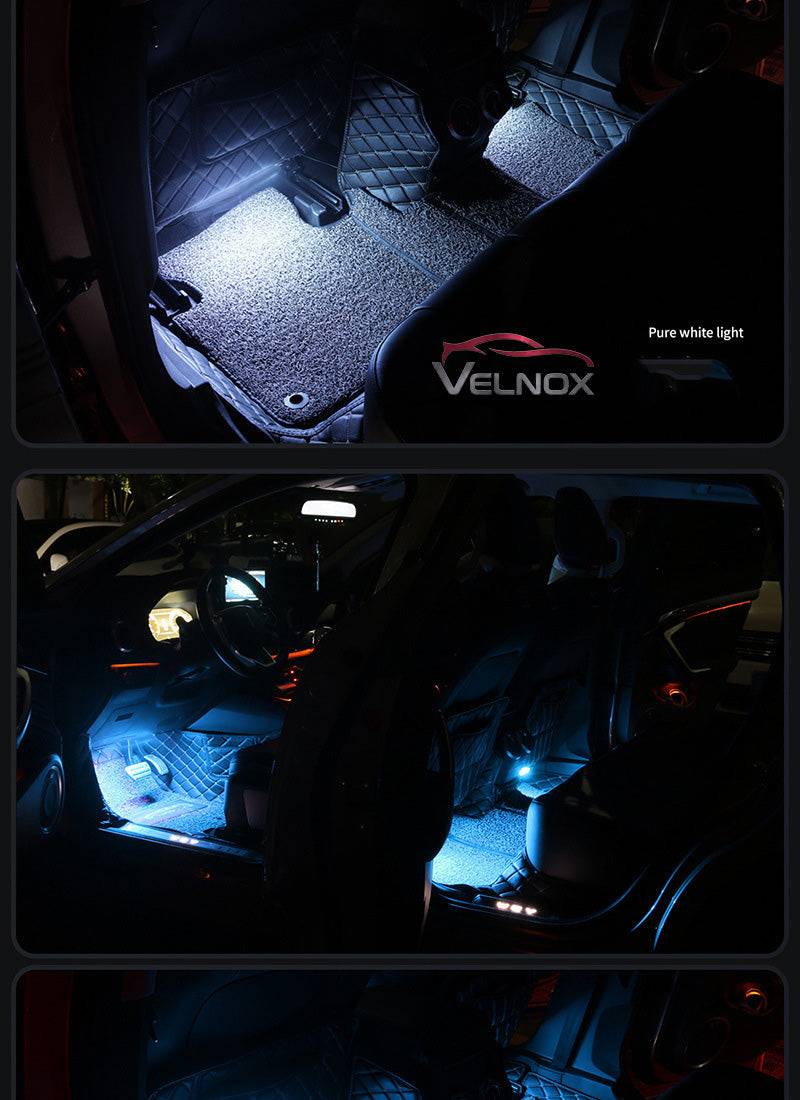 Velnox RGB LED car interior lights illuminating front and rear footwells in white and blue ambient lighting modes